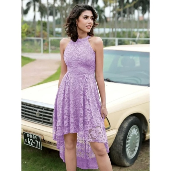 Purple Asymmetrical Sundress with Halter Neckline for Wedding Guest - Picture 2 of 16